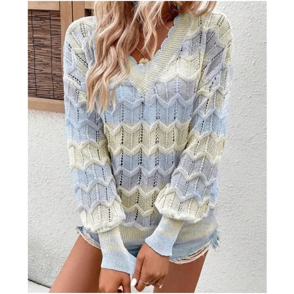 Cozy Pastel Colorblock V Neck Oversized Sweater Top - Picture 1 of 5